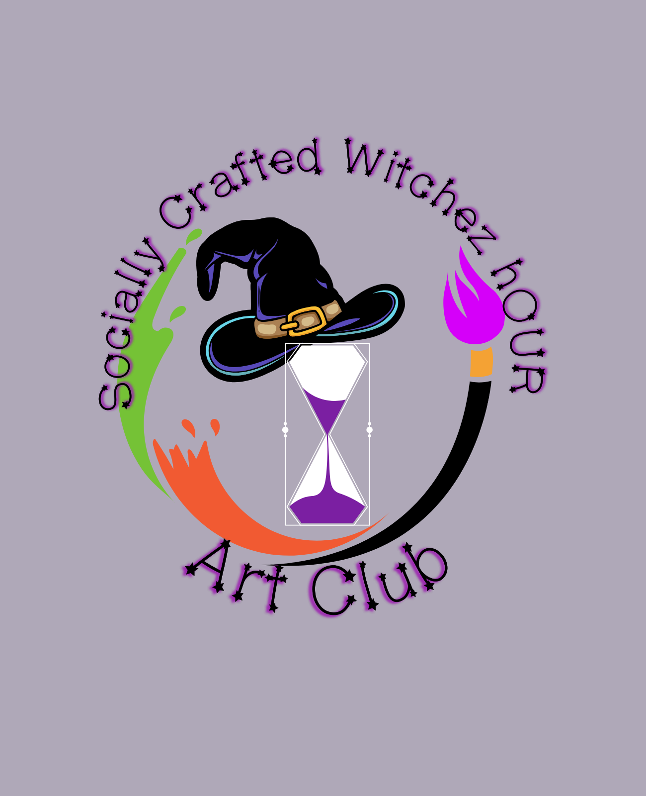 socially Crafted Witches Hour Art Club with hat and hourglass on purple background