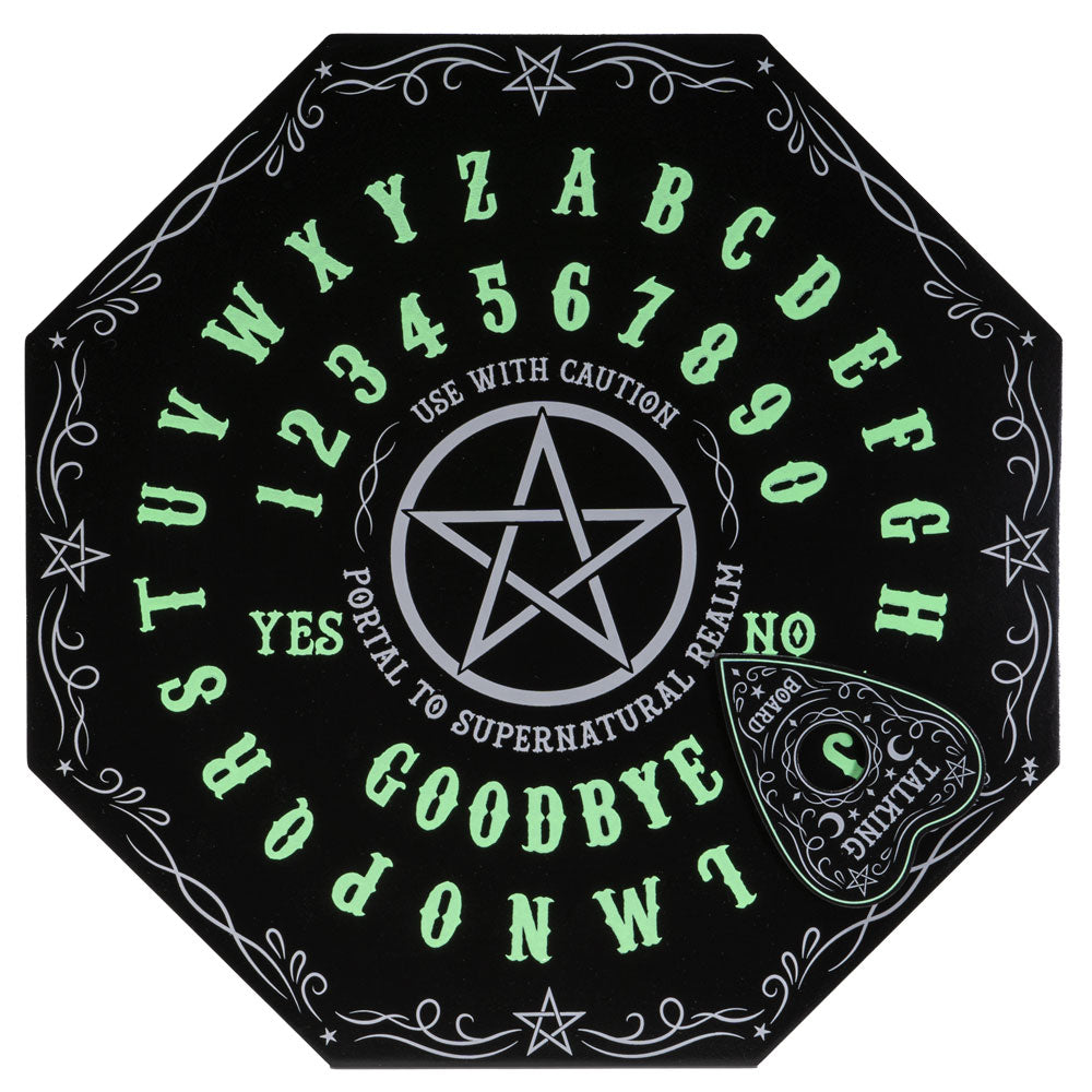 Ouija board with green letters and symbols on a black background