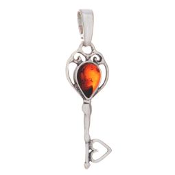 Silver key-shaped pendant with amber heart inset on a white background