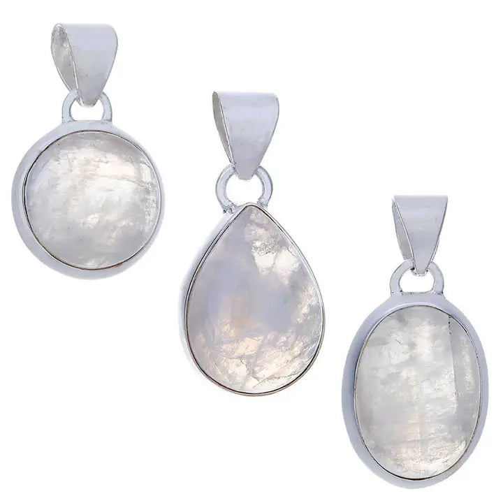 Three silver pendants with moonstone stones on a white background