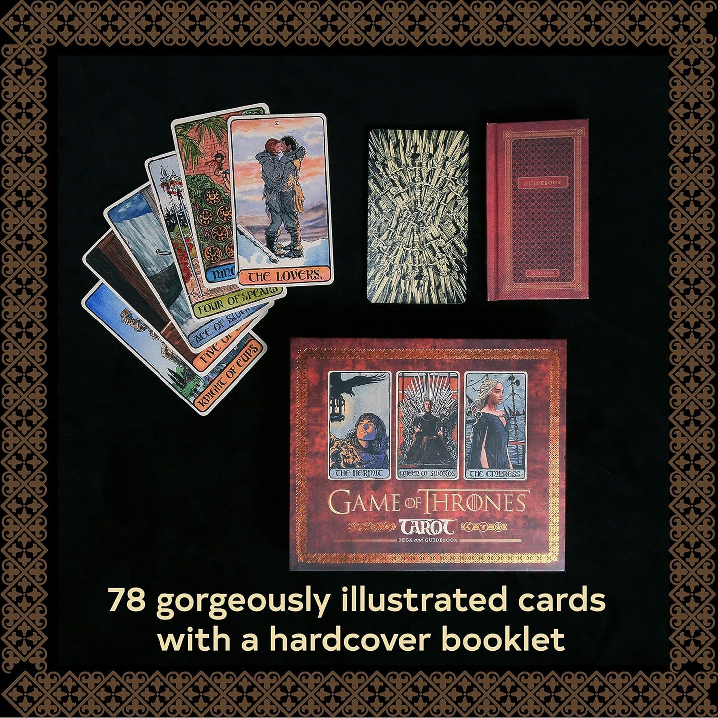 Game of Thrones tarot cards with a hardcover booklet on a black background
