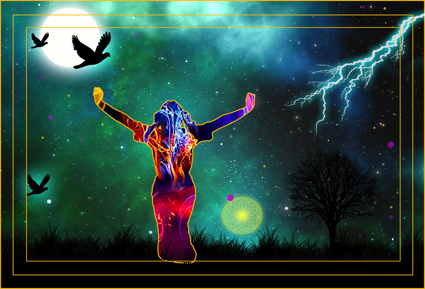 Awaken rising for the day with birds and lightning.