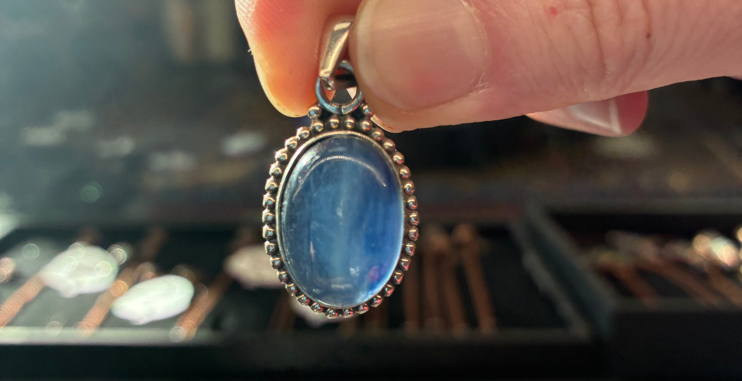 Blue Kyanite Stone small oval pendant with sterling silver
