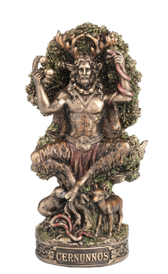 Statue of Cernunnos, a Celtic deity with antlers and animals, on a white background.
