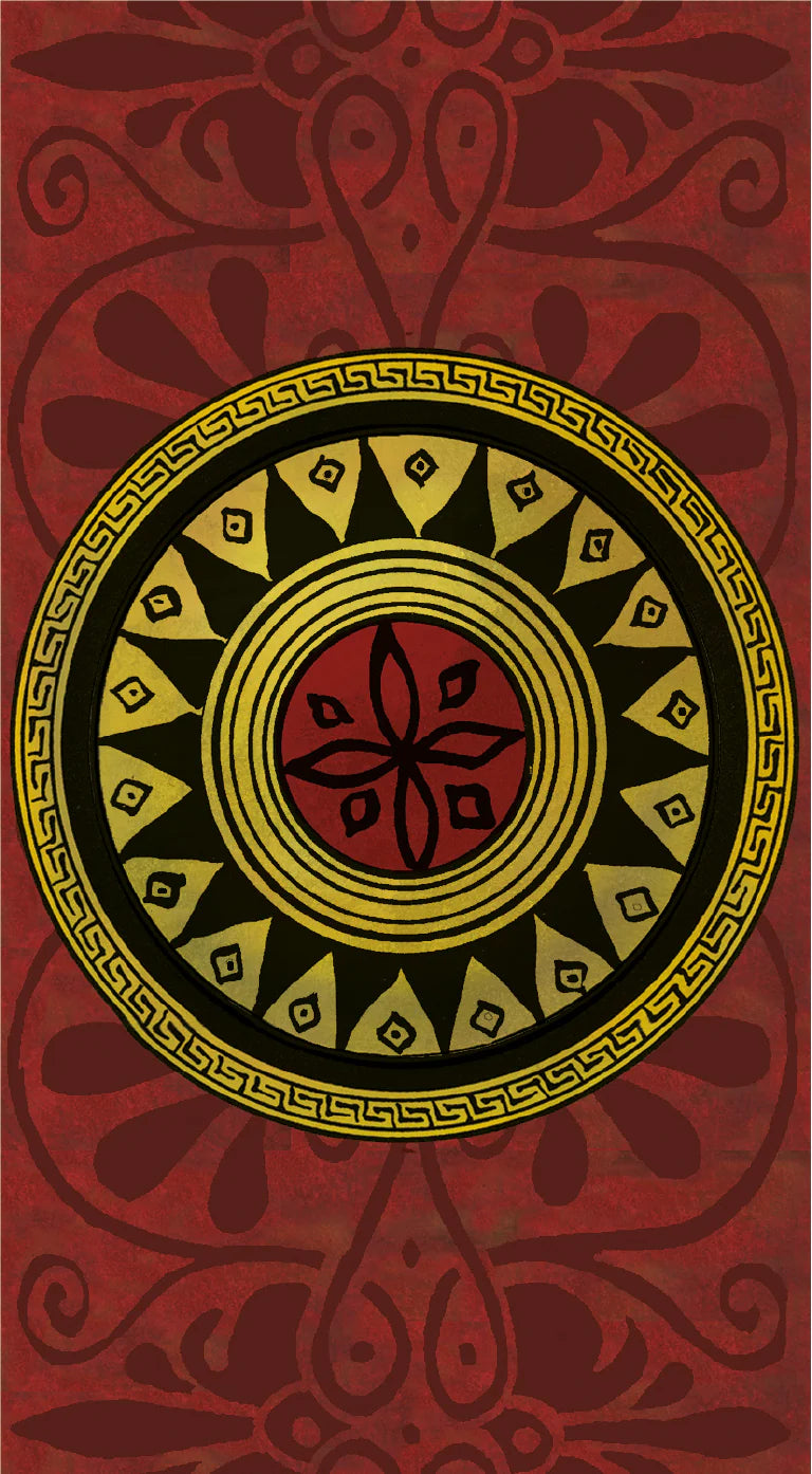 back of tarot card. Decorative design with a central circle on a red background