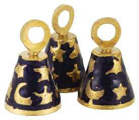 group of enameled blue brass bells with stars and moon