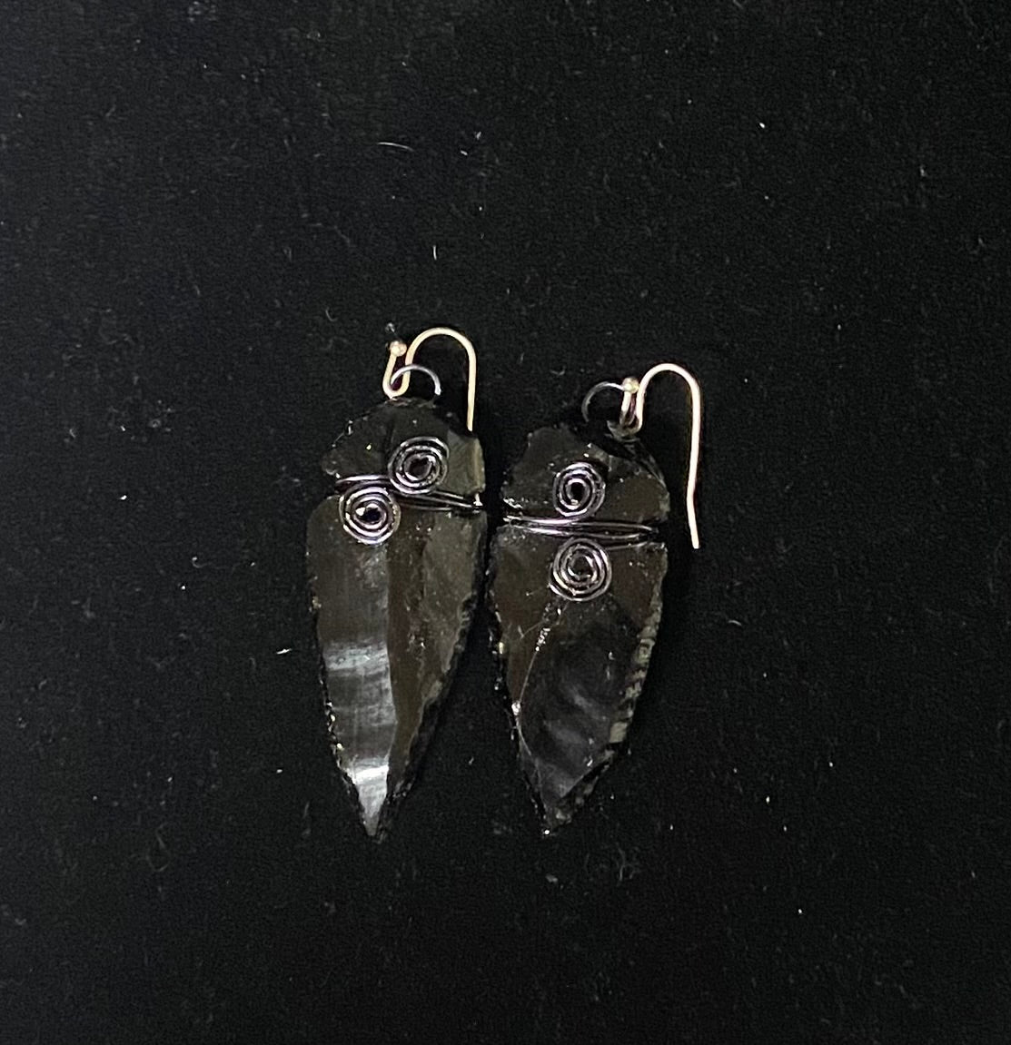 Earring Black Obsidian Arrowhead Wrapped