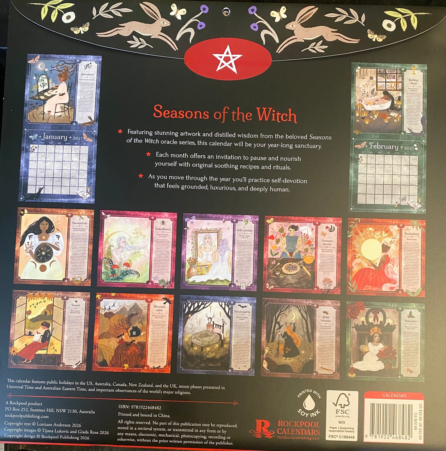 Back cover of the 'Seasons of the Witch' calendar from the 'Sequences of Fire' series, published by Rockpool Calendars. The black background features white text, a red pentagram logo, and a grid of twelve illustrated cards showcasing different seasonal themes.