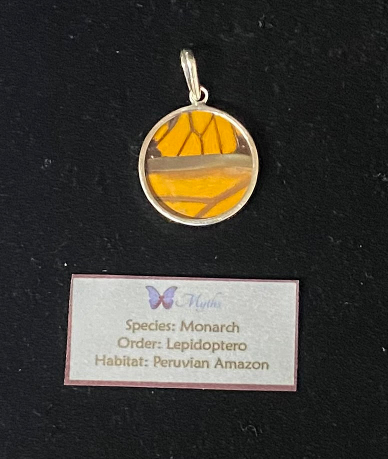 A round silver pendant featuring a yellow and brown monarch butterfly wing design, displayed on a black background with a descriptive label card below.