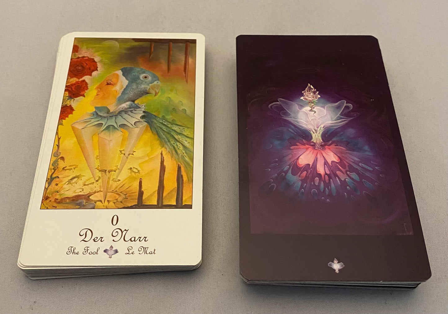 Two tarot cards side by side on a gray surface, one with a colorful illustration of a parrot and the other with a mystical design.