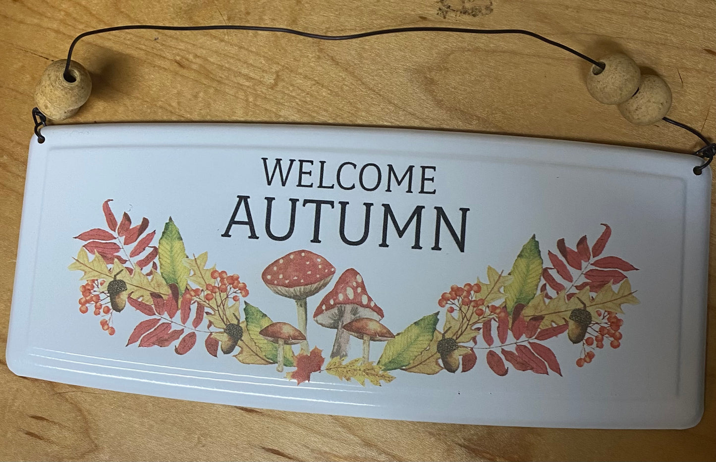 Decorative sign with 'Welcome Autumn' text and autumn-themed illustrations on a wooden background.