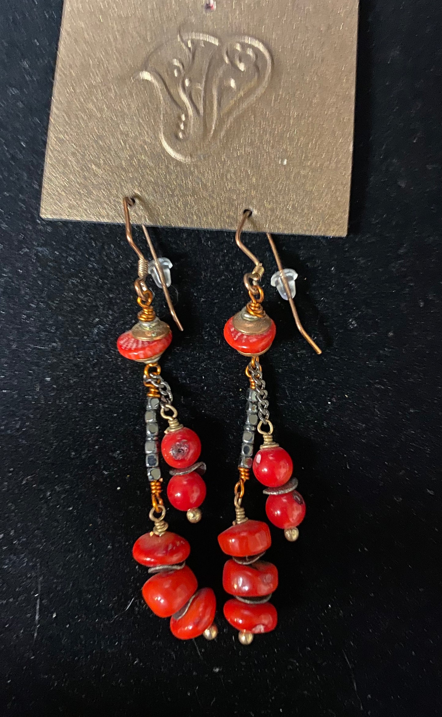 Earrings Red Coral Hematite Copper