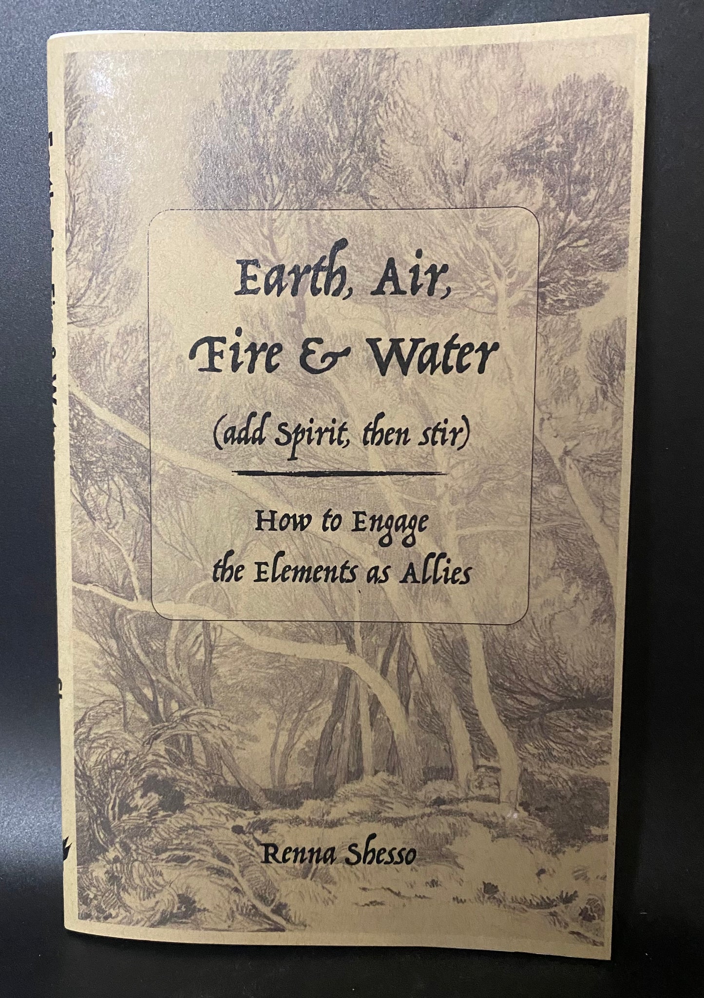 Book cover with text 'Earth, Air, Fire & Water' and forest design
