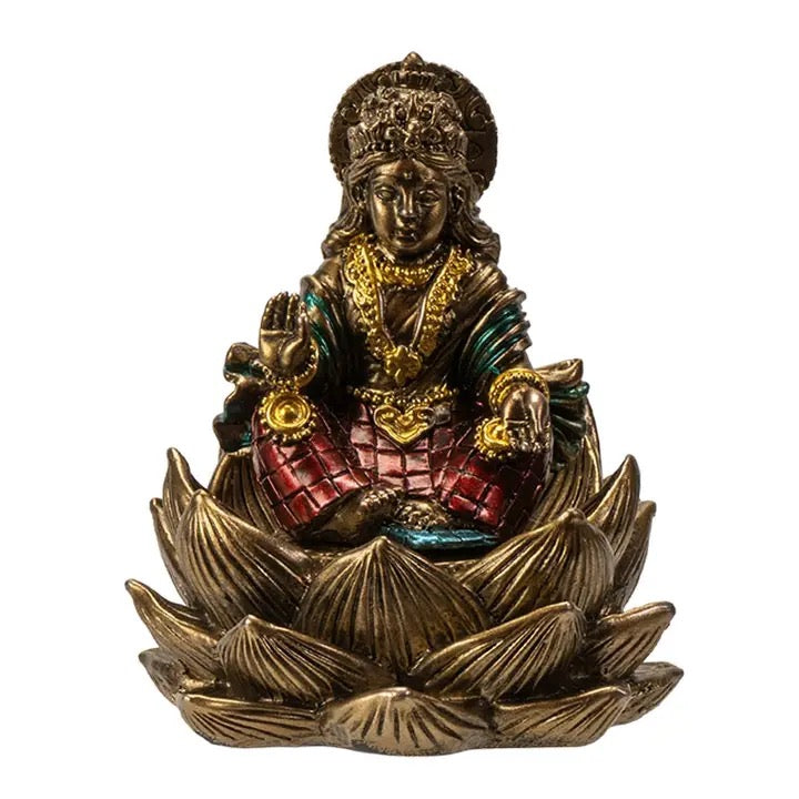 Decorative statue of a seated figure on a lotus flower with intricate details on a white background
