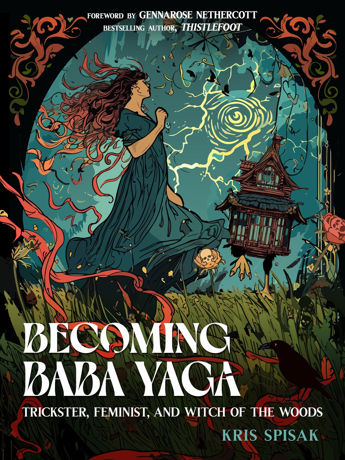 Book cover of 'Becoming Baba Yaga' with an illustration of a woman and a house in a forest.