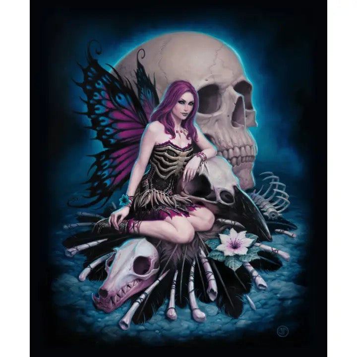 Gothic fantasy Card of a seated woman with purple hair and butterfly wings, surrounded by skulls, bones, feathers, and a flower against a dark blue background.