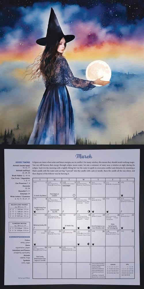 Woman in a witch costume holding a moon, with a calendar below on a dark background