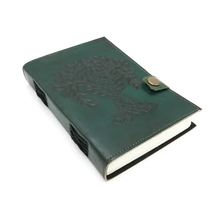 Leather Journal Tree of Life Green 5 x 7 on white background on side
