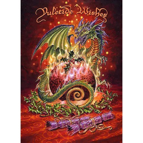 Decorative poster with a dragon and 'Jule tide Wishes' text on a red background