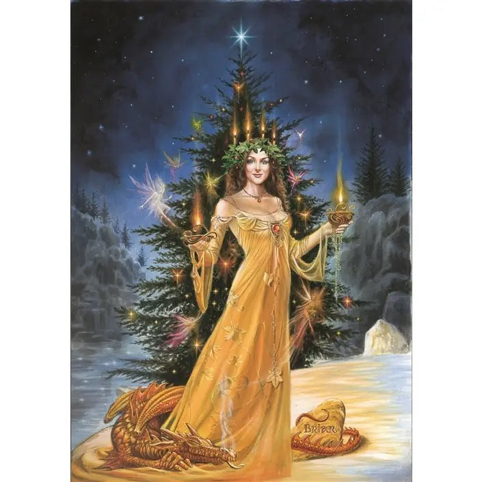 Fairy-like figure in a yellow dress with a dragon, surrounded by a magical forest at night.