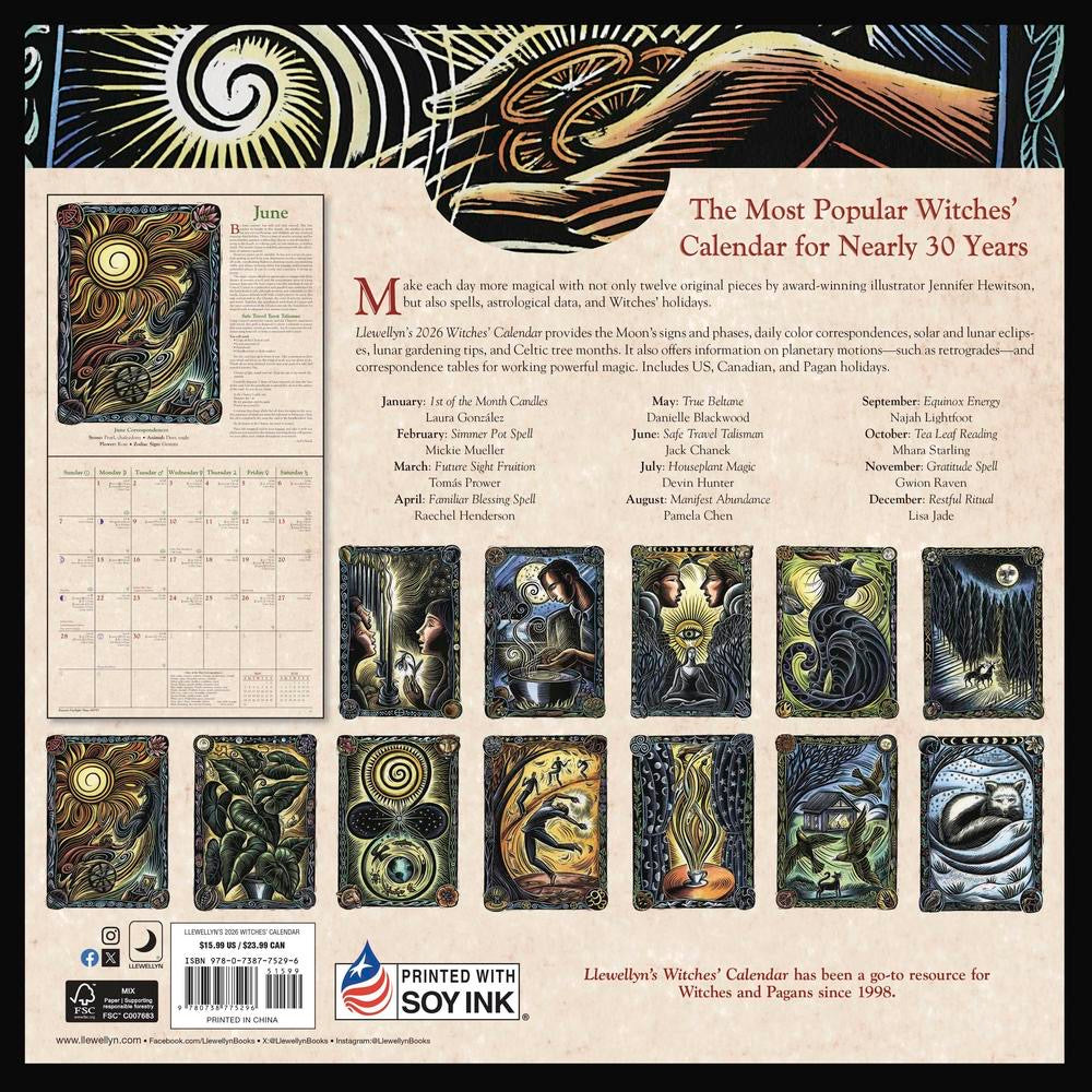 Witches' calendar with artistic designs and text on a beige background