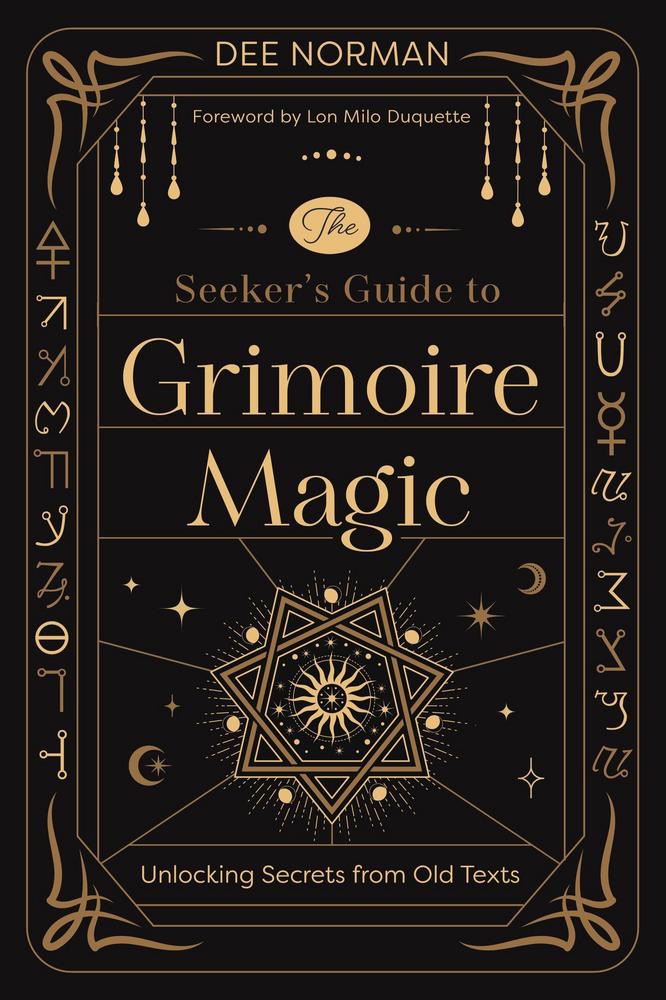 Book cover of 'The Seeker's Guide to Grimoire Magic' with decorative elements and text.
