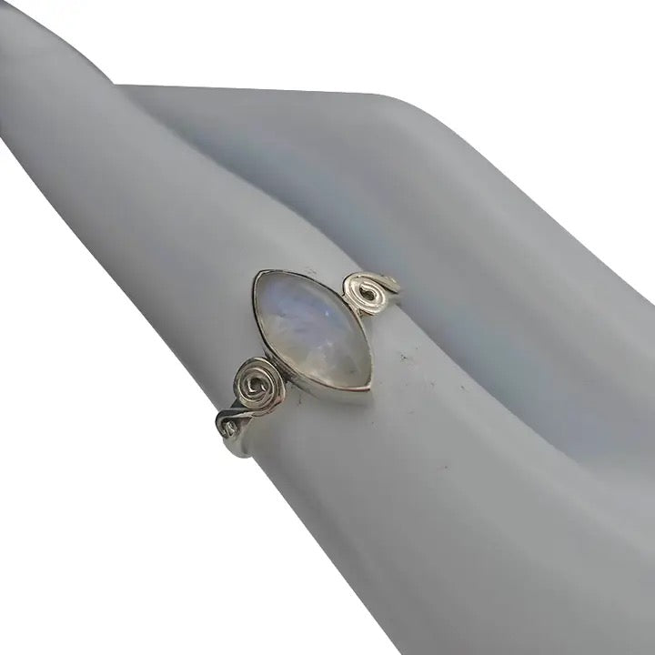Ring Moonstone Marquis Spiral Silver on a white background on a hand