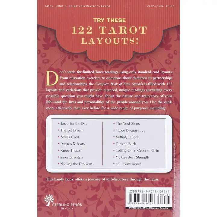 Back cover of a tarot book with text and layout options on a red background