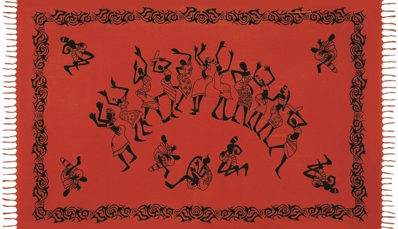 Red fabric with black traditional dance design and border