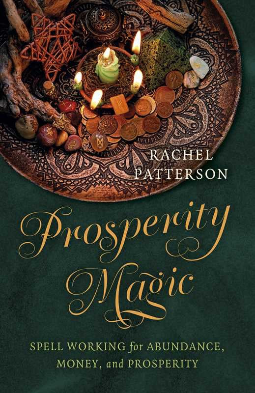 Book cover of 'Prosperity Magic' by Rachel Patterson with a green background and wiccan symbols.