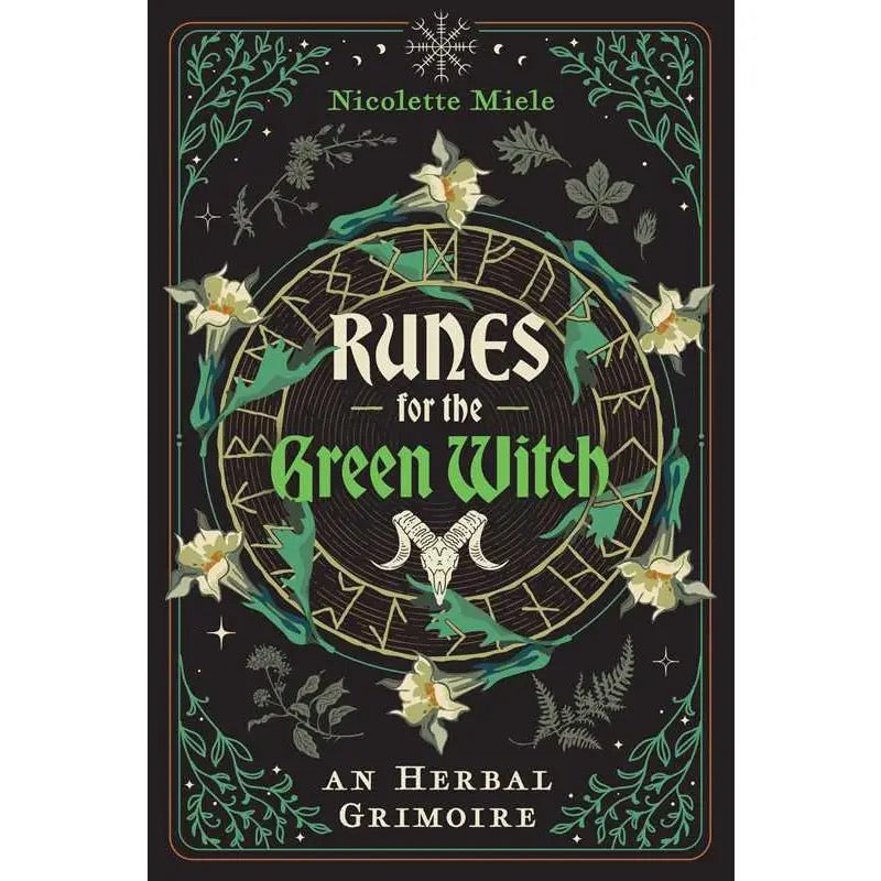 Book cover of 'Runes for the Green Witch' with herbal design elements.