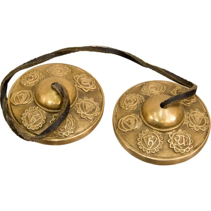 Pair of brass hand cymbals on a white background