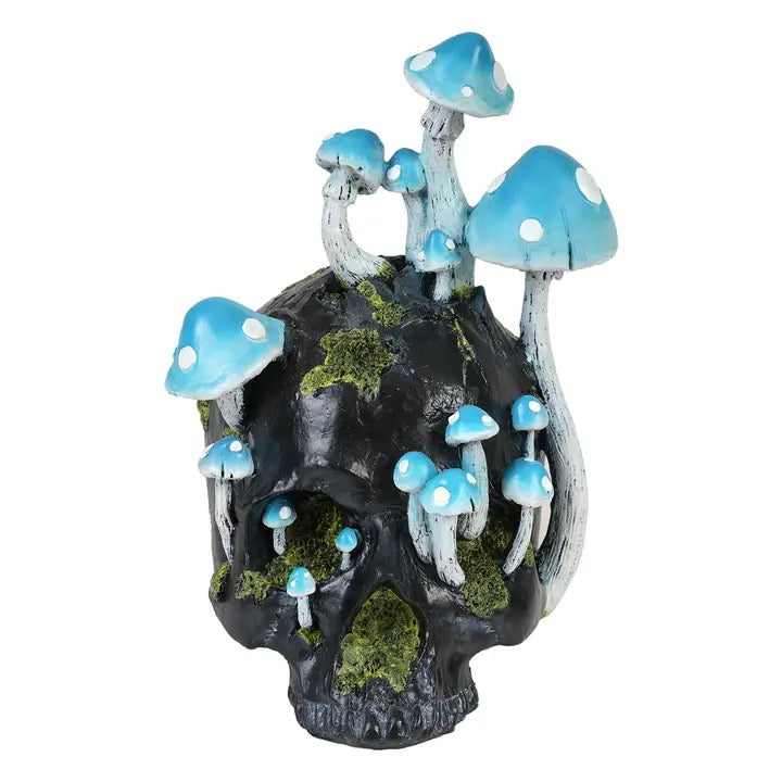 Decorative aquarium ornament with blue mushrooms on a black base