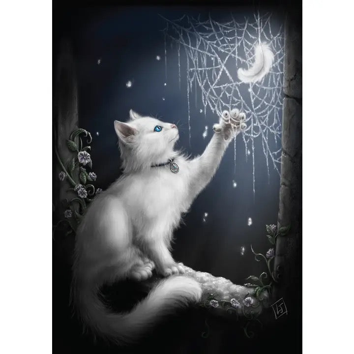 White cat reaching up to a moonlit spider web with decorative elements.