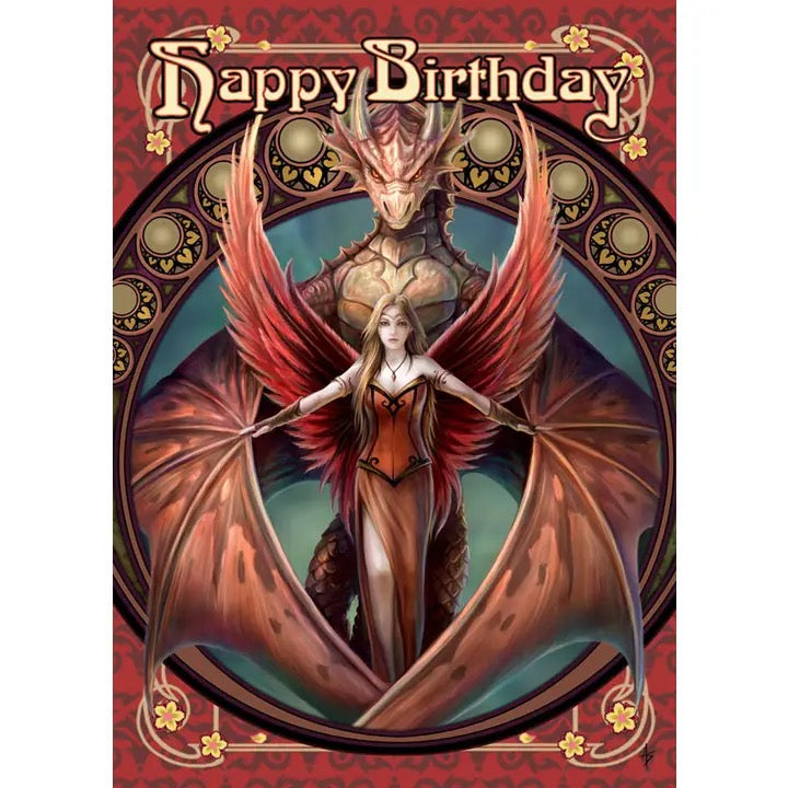 Fantasy birthday card with a dragon and woman, featuring 'Happy Birthday' text.