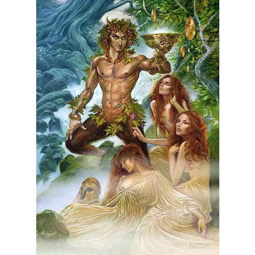 Mythical scene with a central figure holding a cup, surrounded by three women in a natural setting.