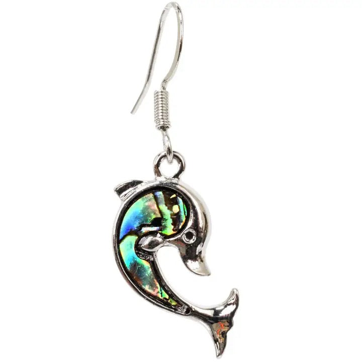 Dolphin-shaped earring with colorful paua shell inlay on a white background