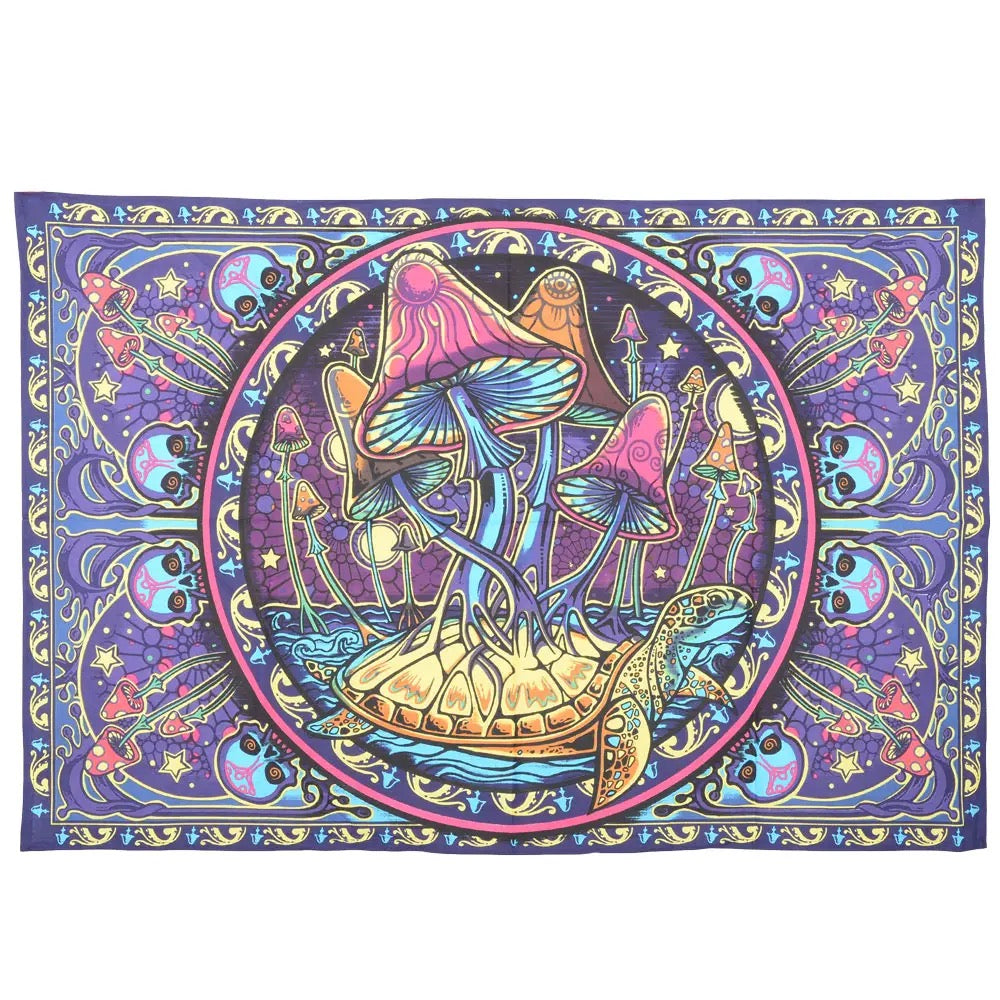 Colorful tapestry with mushrooms and abstract designs on a purple background