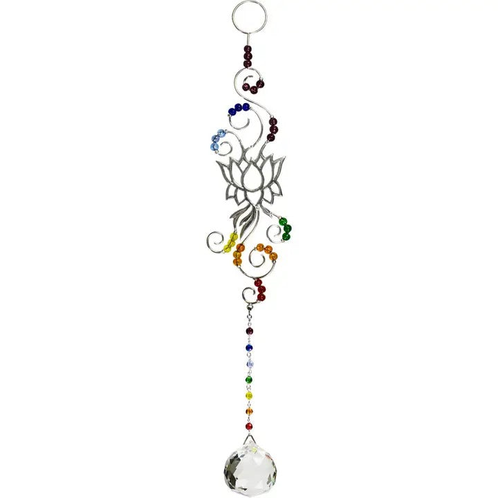 Decorative hanging ornament with lotus design and colorful beads on a white background