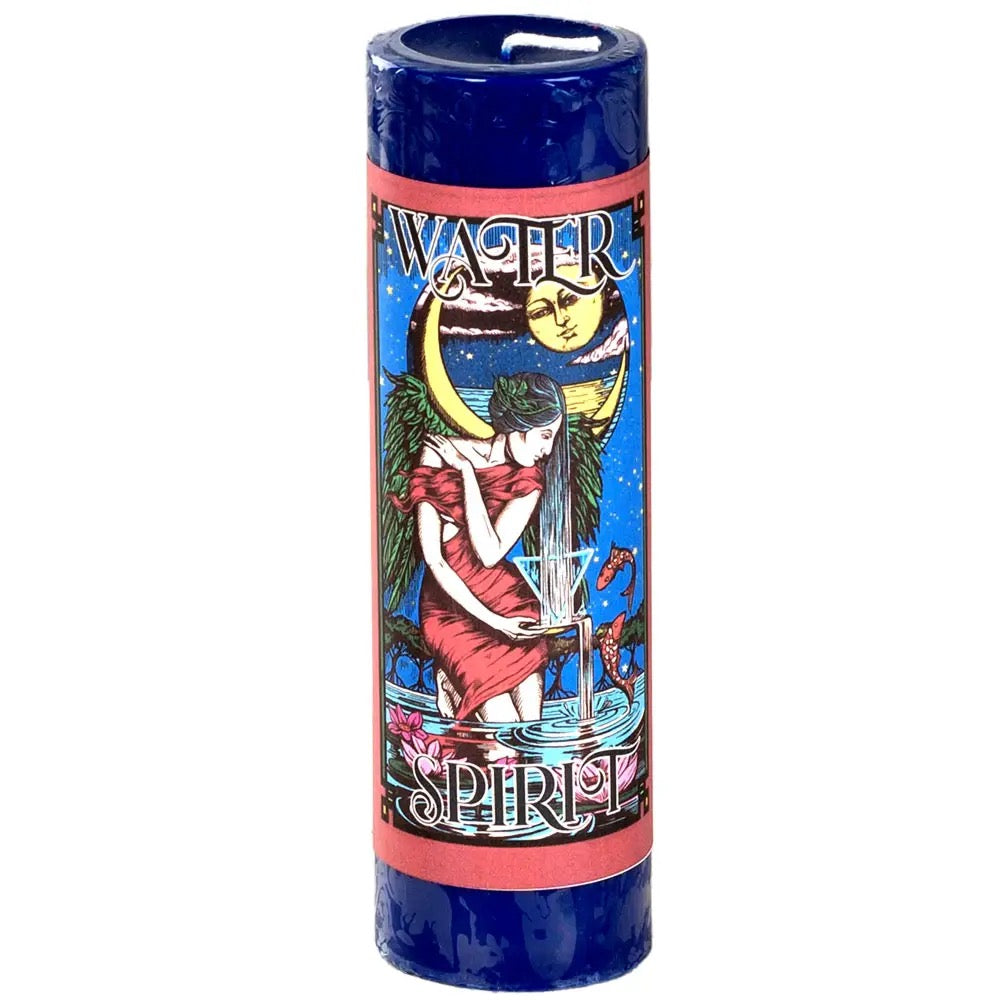 Decorative candle with artistic design and text on a white background