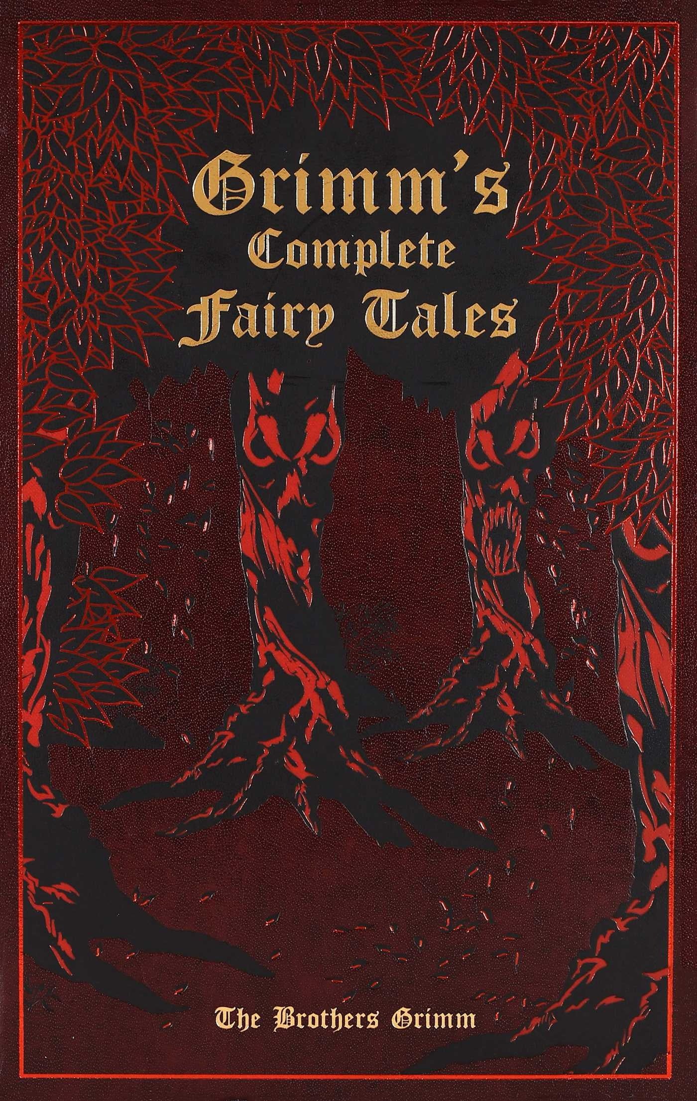 Book cover of 'Grimm's Complete Fairy Tales' with dark red and black design.