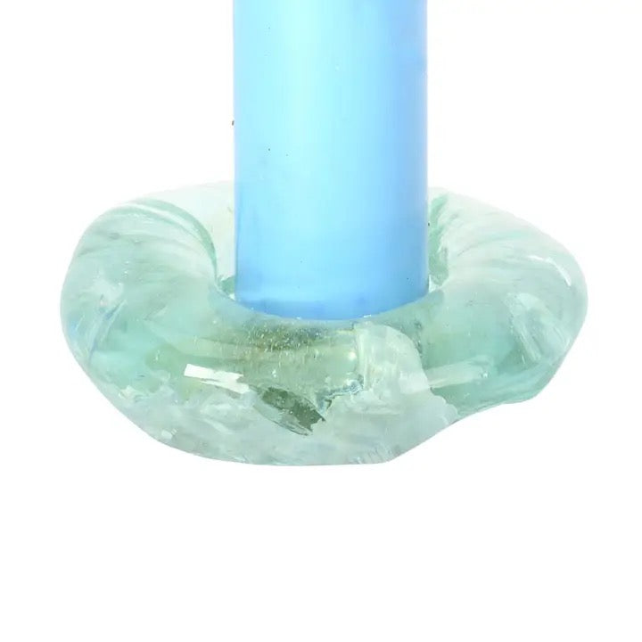 Candle Holder Glass Molten Sea Green on a white background.