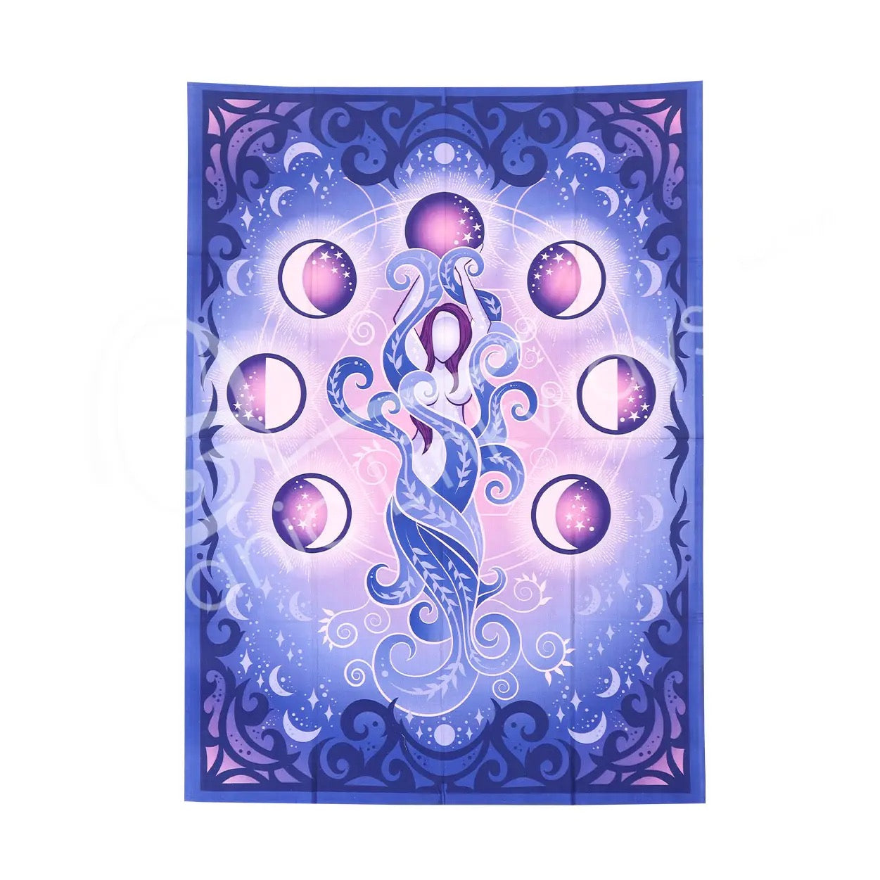 Decorative tapestry with a stylized woman and moon phases design on a white background