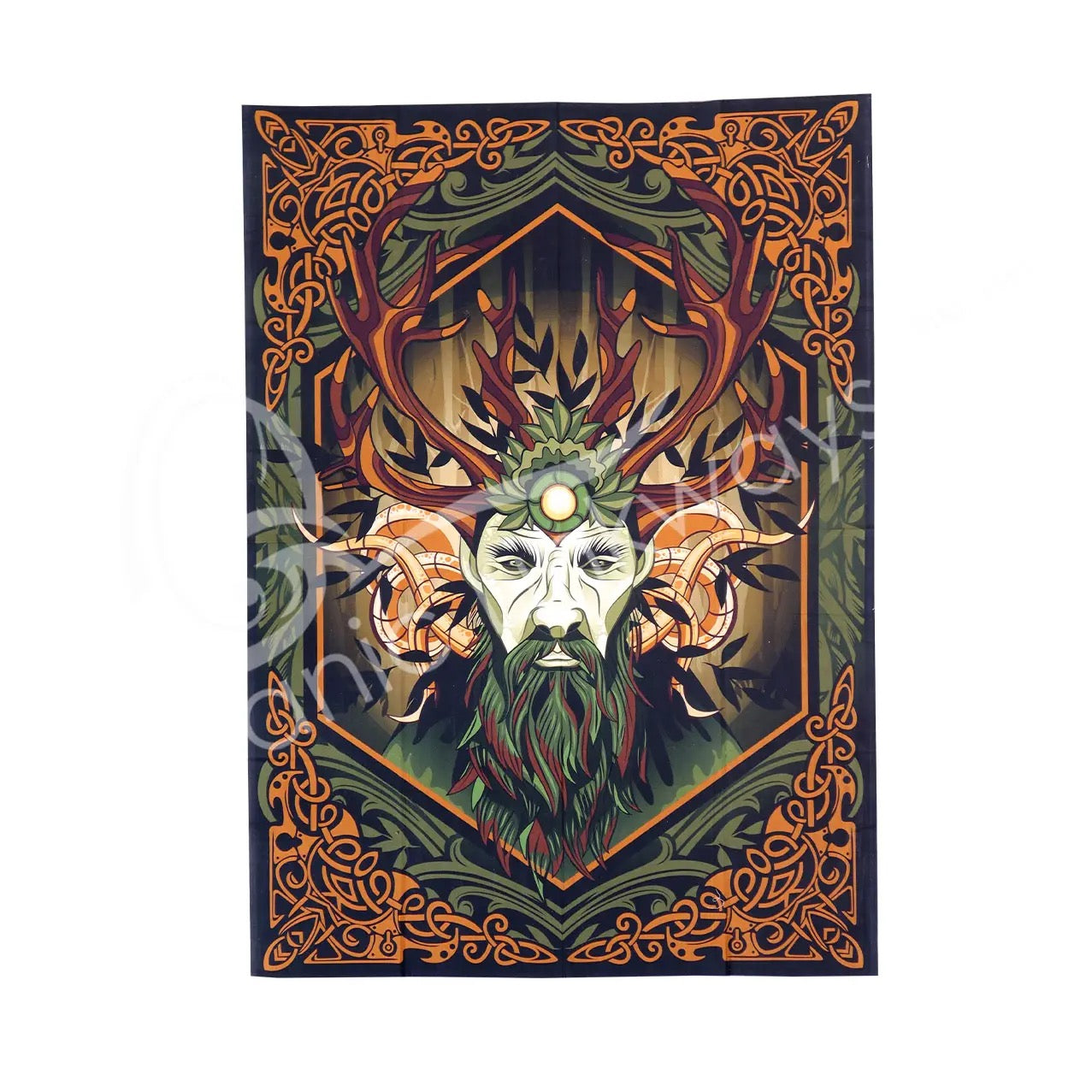 Decorative tapestry with a central figure of a face with antlers and intricate patterns on a white background