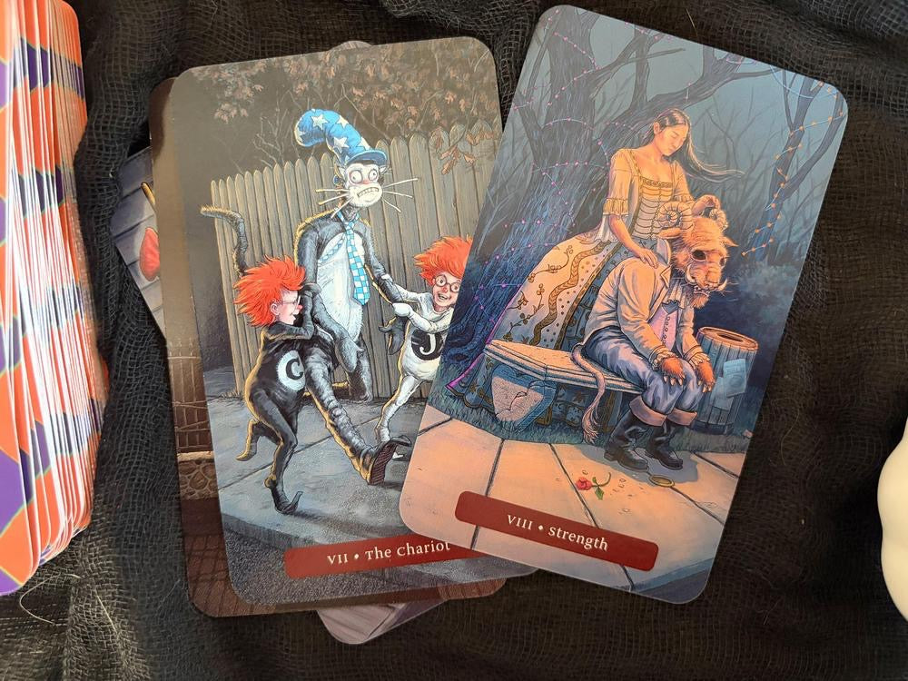 Sample cards cat in the hat and woman with animal man from Trick or Treat Tarot
