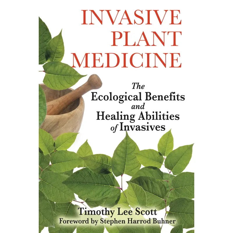 Book cover of 'Invasive Plant Medicine' with green leaves and a pestle on a white background