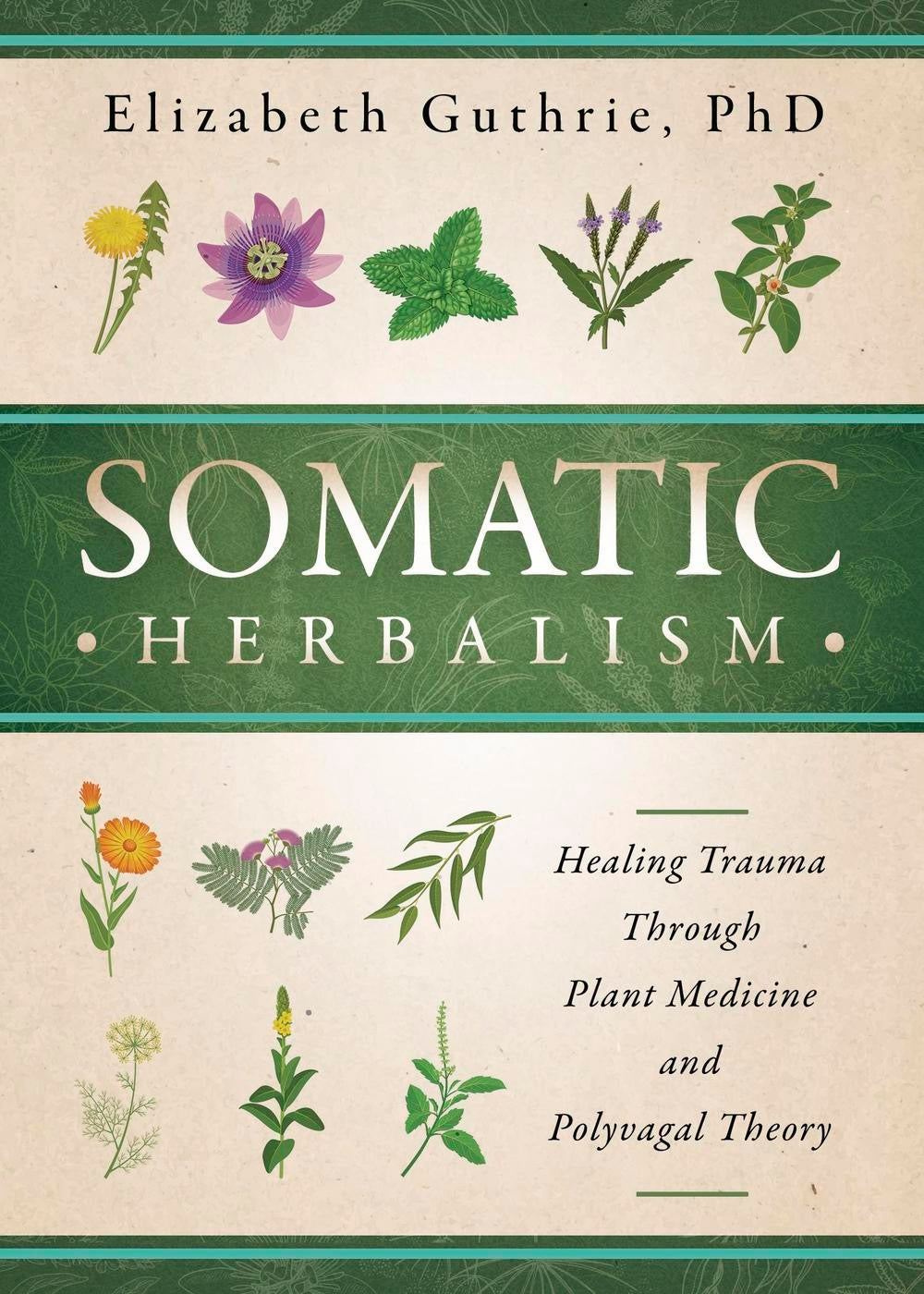 Somatic Herbalism Book cover green and cream colored with plants on