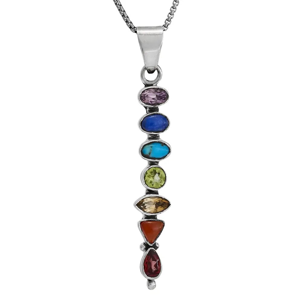 Necklace with a pendant featuring multicolored gemstones on a white background