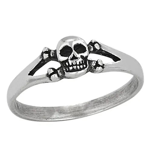 Silver ring with skull and crossbones design on a white background