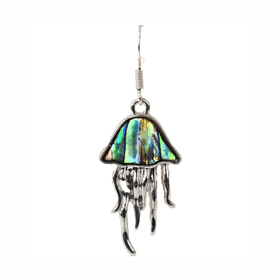 Jellyfish-shaped earring with colorful abalone shell on a white background